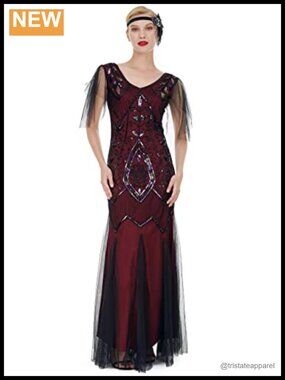 Art Deco Sequin Maxi Dress Flapper Gatsby V-Neck Tulle Formal Gown